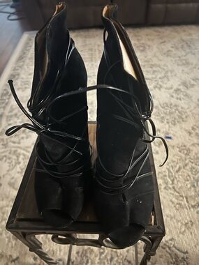 ANTONIO MELANI Black Suede Lace-Up Peep-Toe Ankle Booties